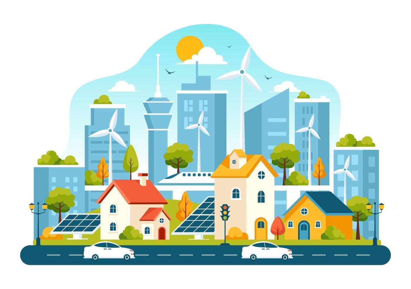 Eco-Friendly Energy Generation in the City Illustration Featuring Renewable Resources for Clean Power vector