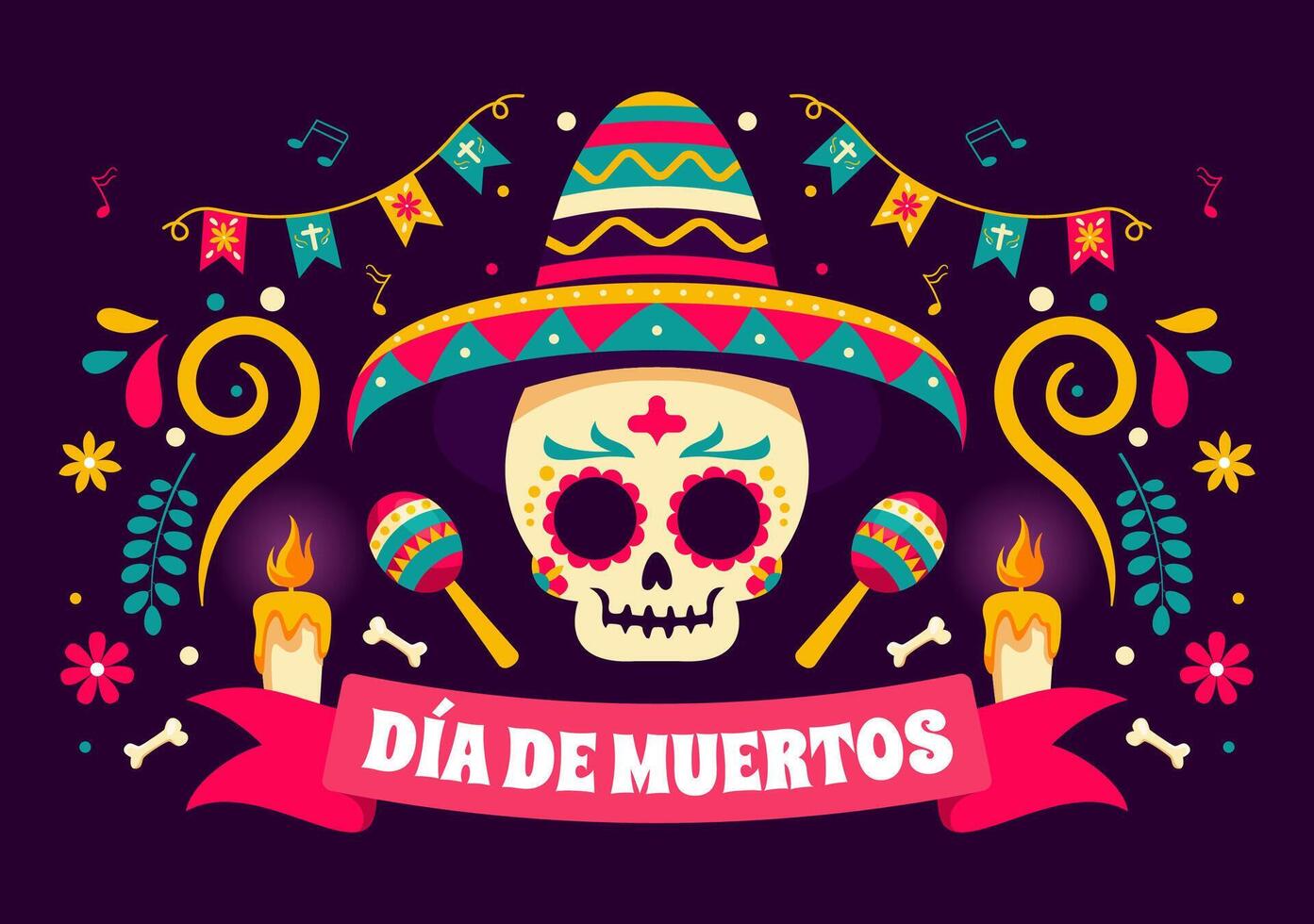 Day of the Dead Festival Skeleton Playing Guitar in Mexican Costume vector