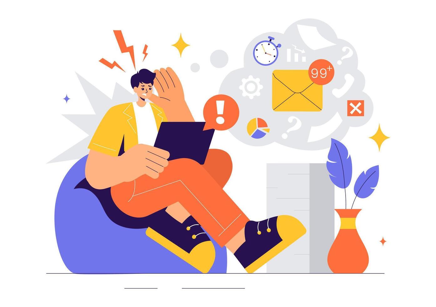 Office Worker Struggling with Multitasking and Heavy Workload Illustration in Flat Style vector