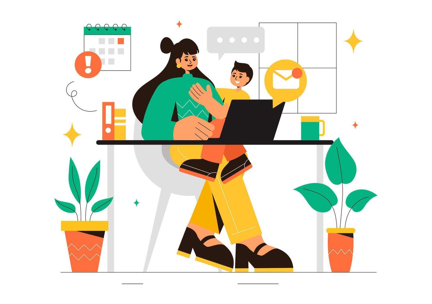 Busy Working Mom Illustration with Career and Parenting Responsibilities at Home in Flat Style vector