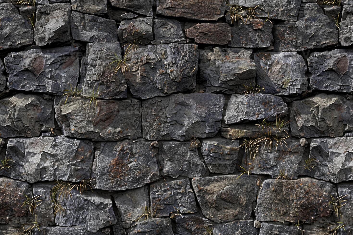 Close-up of a rock wall with various sized rocks. Natural stone texture background. photo