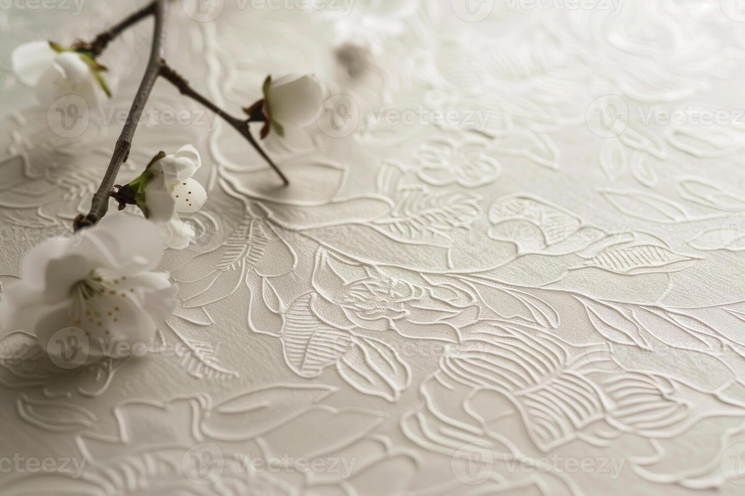 A white floral patterned table cloth with a branch of white flowers on it photo