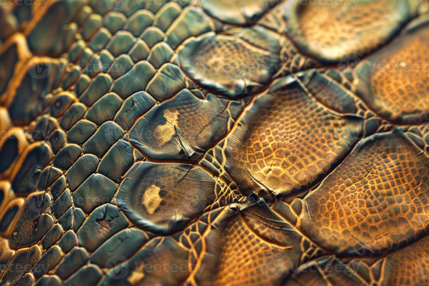 A close up of a snake's skin, with a brown and green color scheme photo