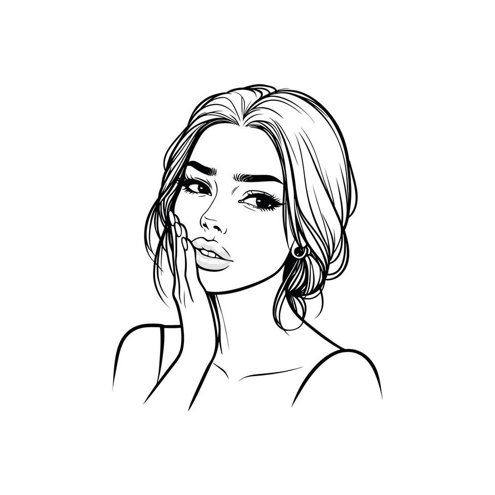 Black Outline of Attractive Young Woman Touching Her Cheek in Painful Toothache Expression vector