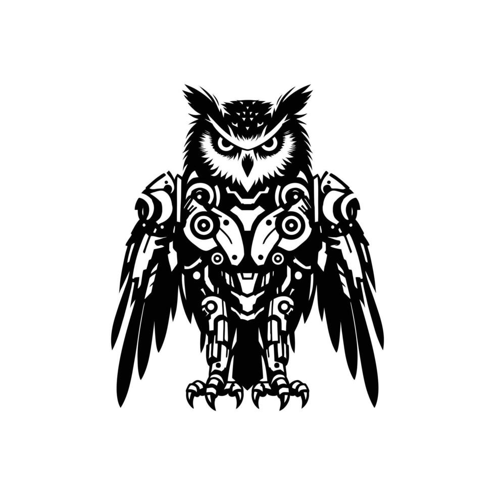 Cyberpunk Owl Robot Design in Black and White Ideal for Merchandise and Digital Art Projects vector