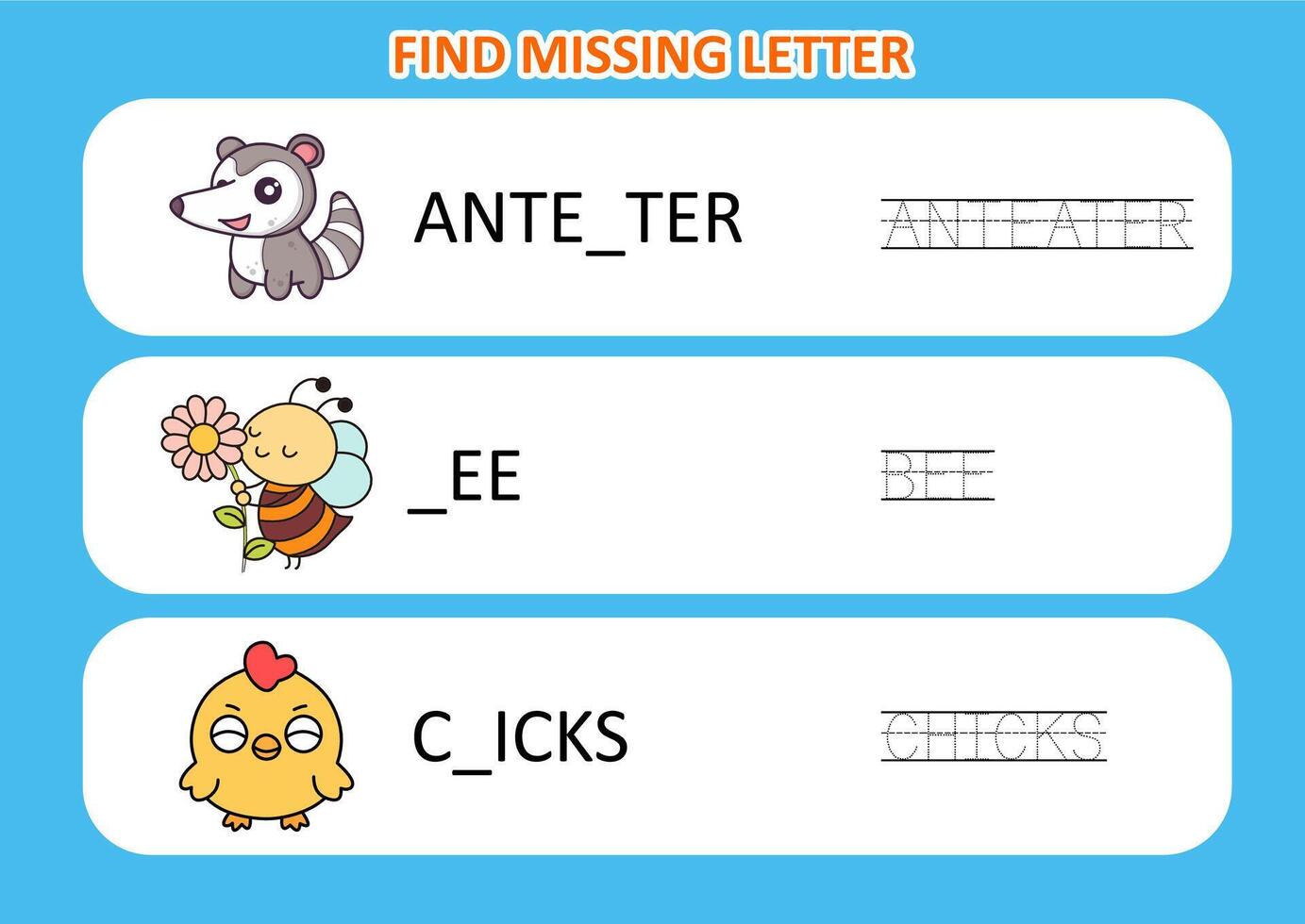 Find the missing letter of animal.Educational page for kids vector