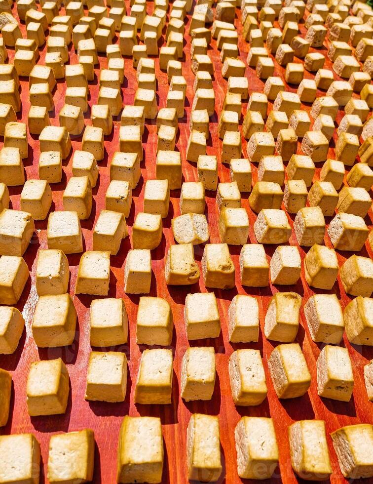 group of slice tufu square shape put on red table background. dry bean curd or soybean cake vegan organic food uncooked cut many pieces photo