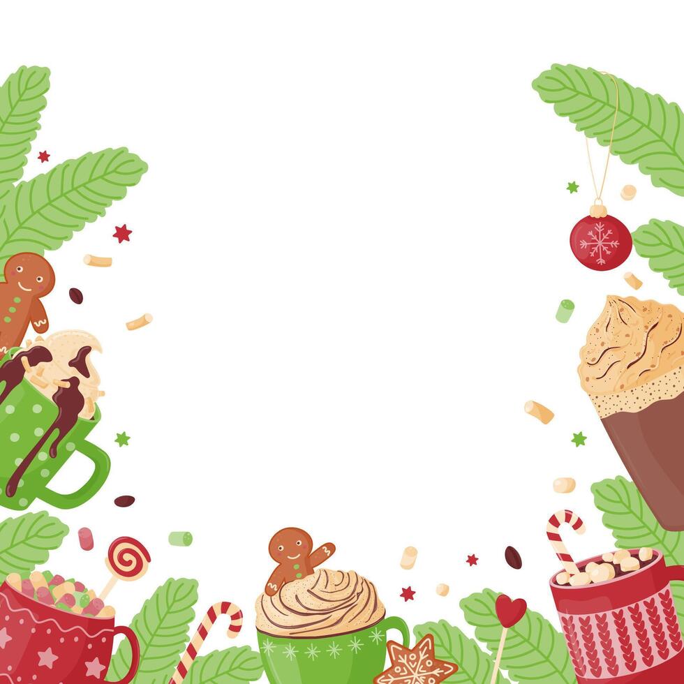 Christmas frame made of hot drinks, sweets, gingerbread. vector