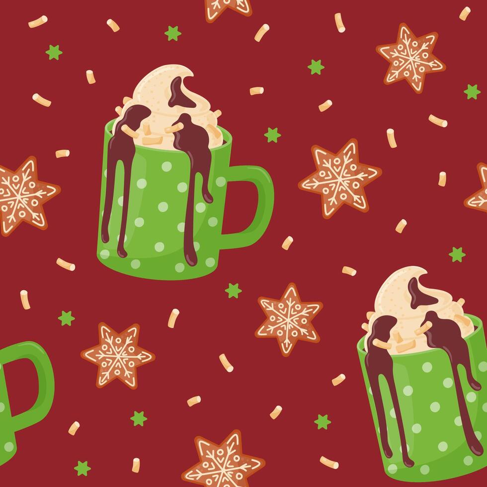 Seamless pattern. Cocoa with whipped cream, hot chocolate and marshmallows. Gingerbread. Cozy drink. vector
