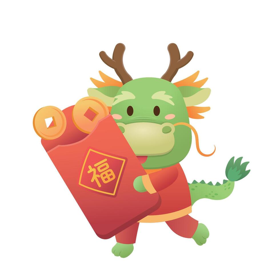 Chinese mythological dragon holding a red paper bag containing many gold coins, a symbol of wealth, translated as blessing in Chinese vector