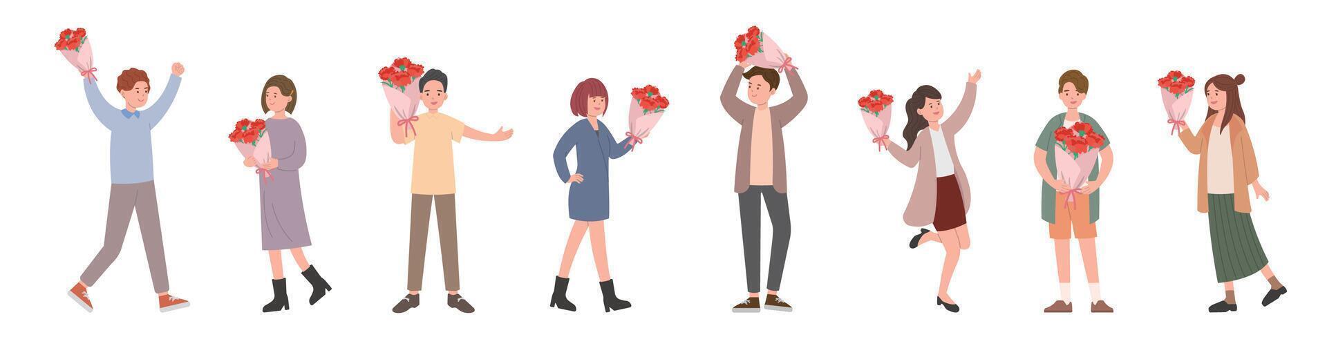 Cartoon illustration character with flowers, celebrating Mother's Day or Valentine's Day, red carnation bouquet vector