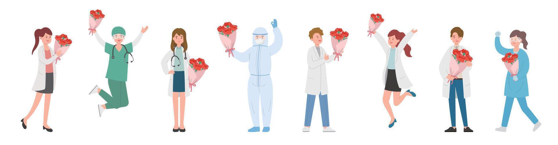 Healthcare workers and doctors with flowers, celebrating Mother's Day or Valentine's Day, carnation bouquet vector