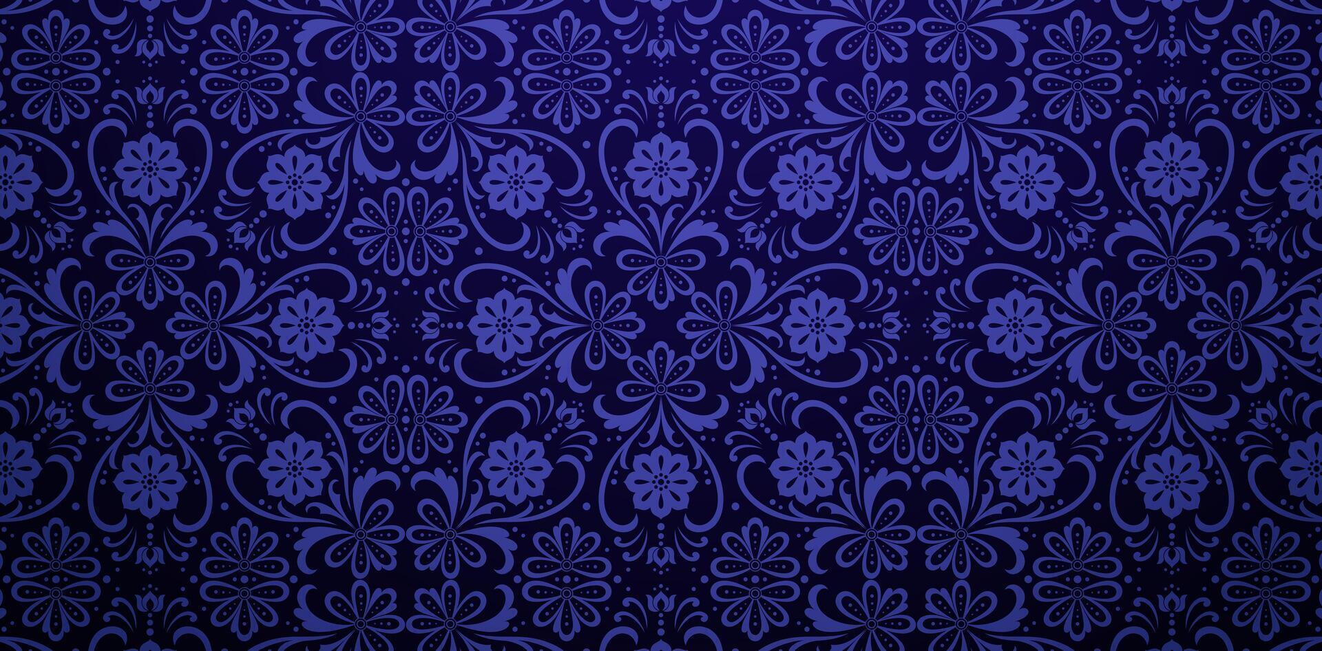 symmetrical blue floral seamless pattern ornament dark blue background with flowers and leaves for wallpapers, textile, fabrics printing, wrapping paper, surface texture, books cover, tiles decorative vector
