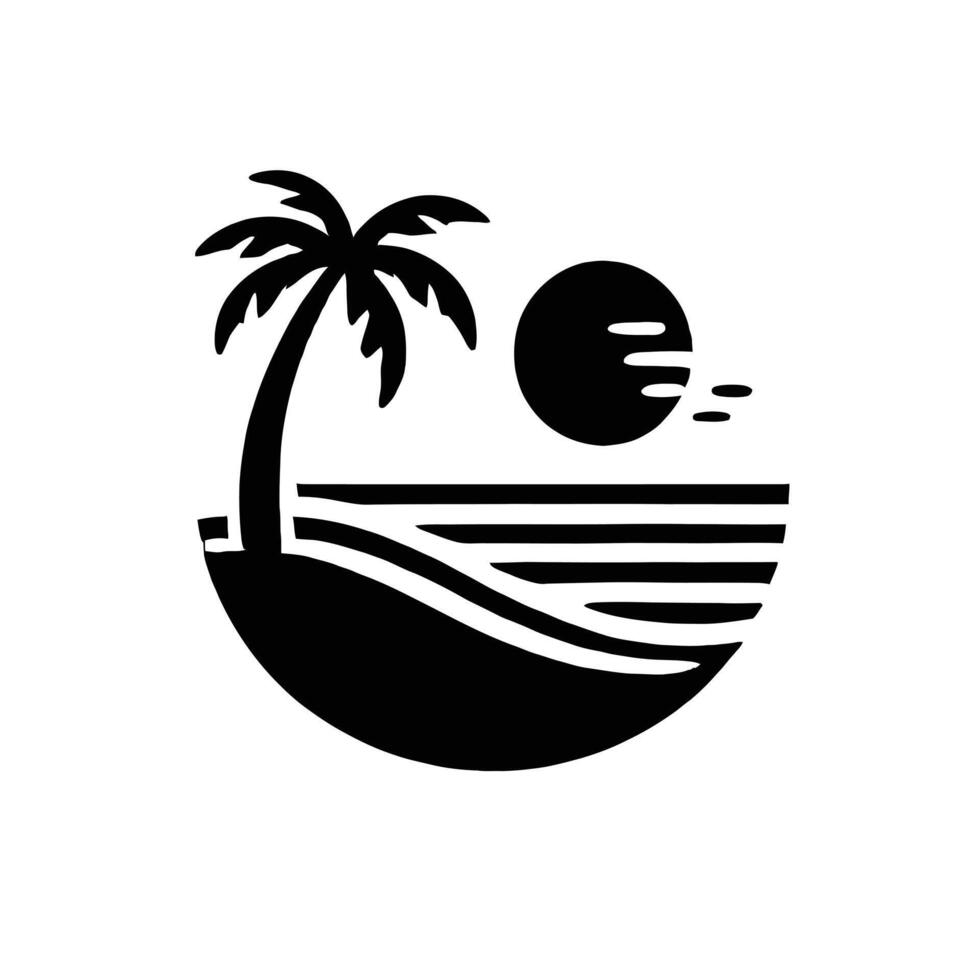 A black and white logo of a palm tree and the ocean vector