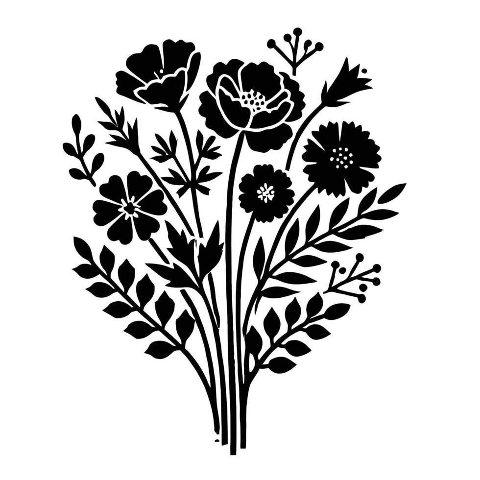 A black and white silhouette of a bouquet of flowers vector