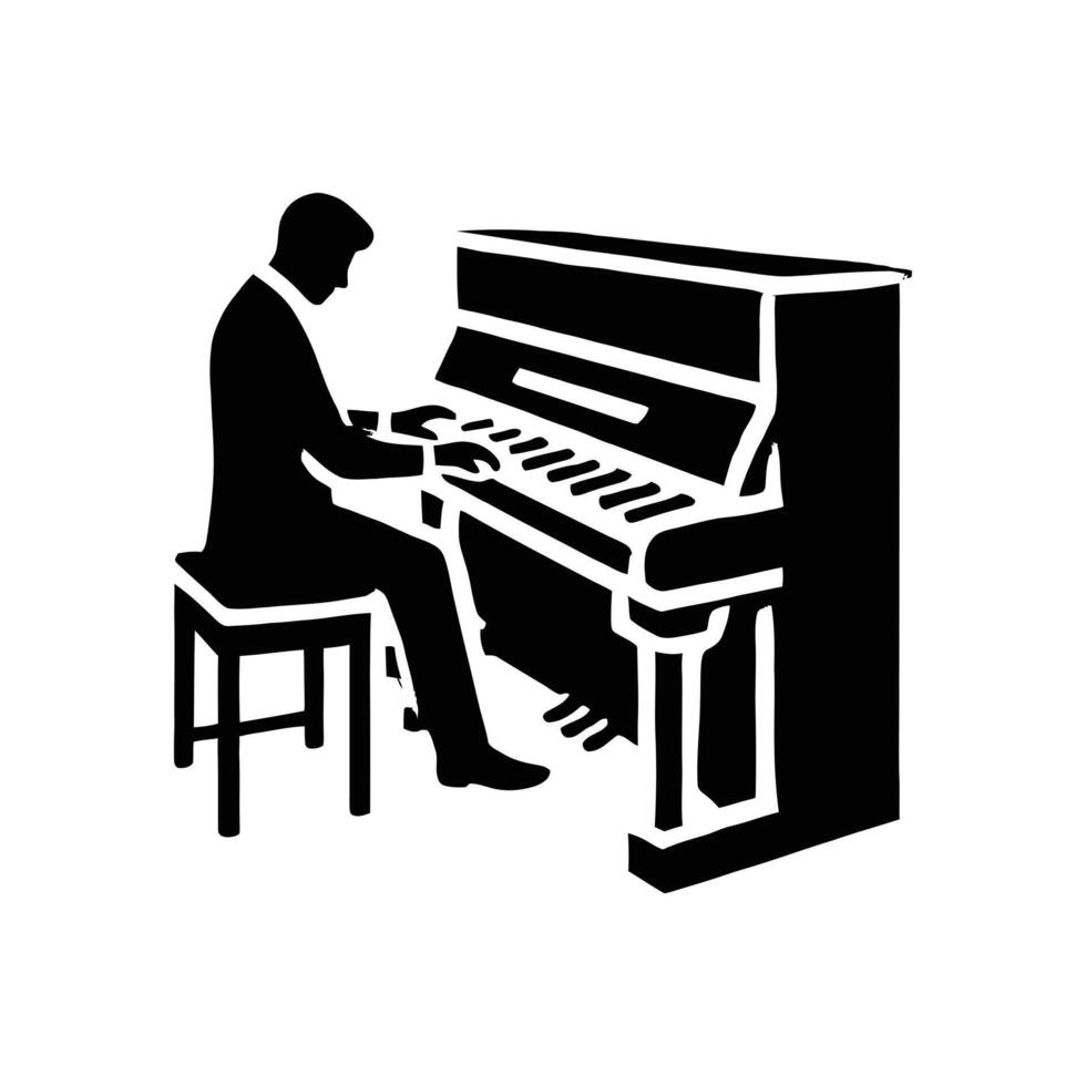 A black and white illustration of a man playing the piano vector