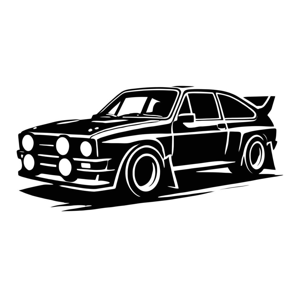 An old car is shown in black and white vector
