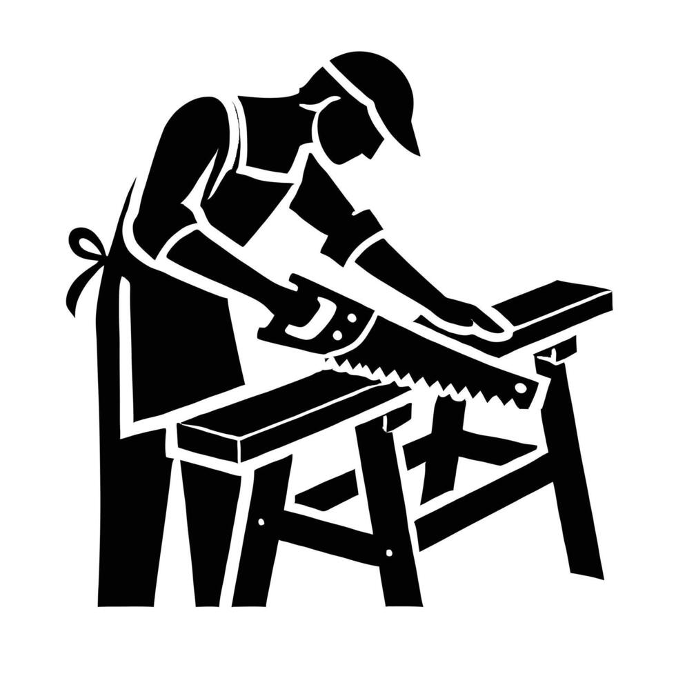A black and white illustration of a man working with a saw vector