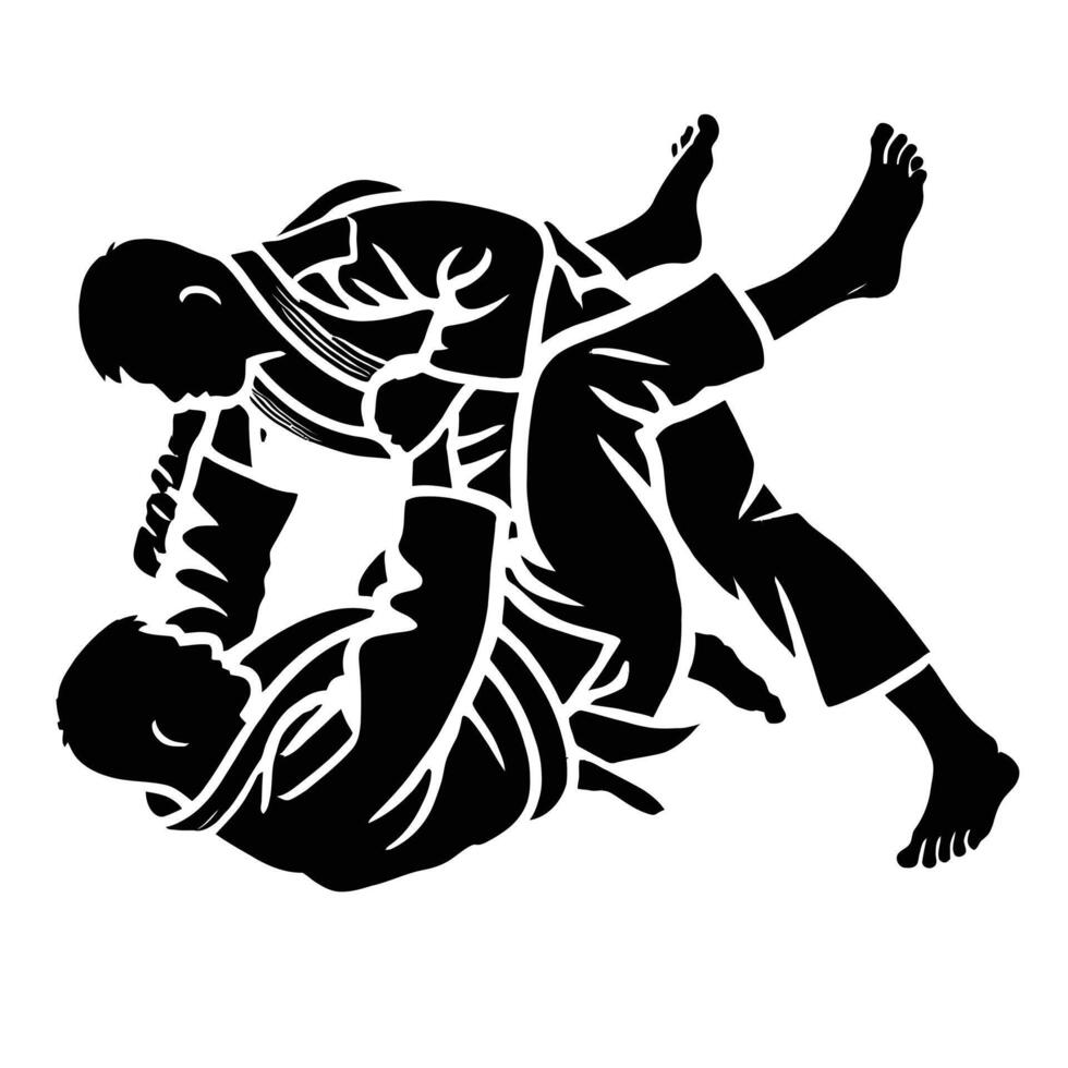 A silhouette of two people in a grappling position vector