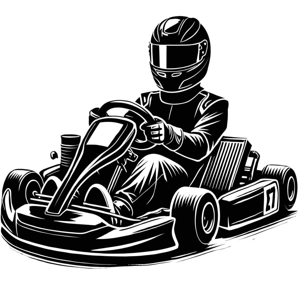 A black and white drawing of a man driving a go kart vector
