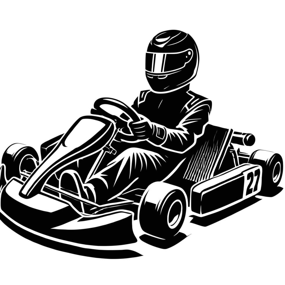 A black and white illustration of a man driving a go kart vector