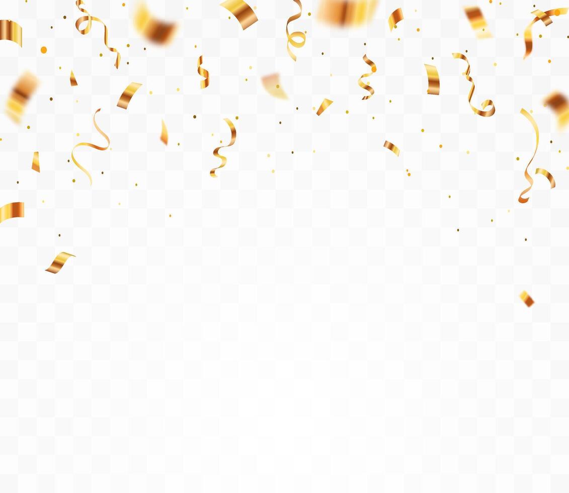Gold confetti. Shiny ribbons falling on abstract background. Design template for party celebration and birthday banner background, confetti, vector