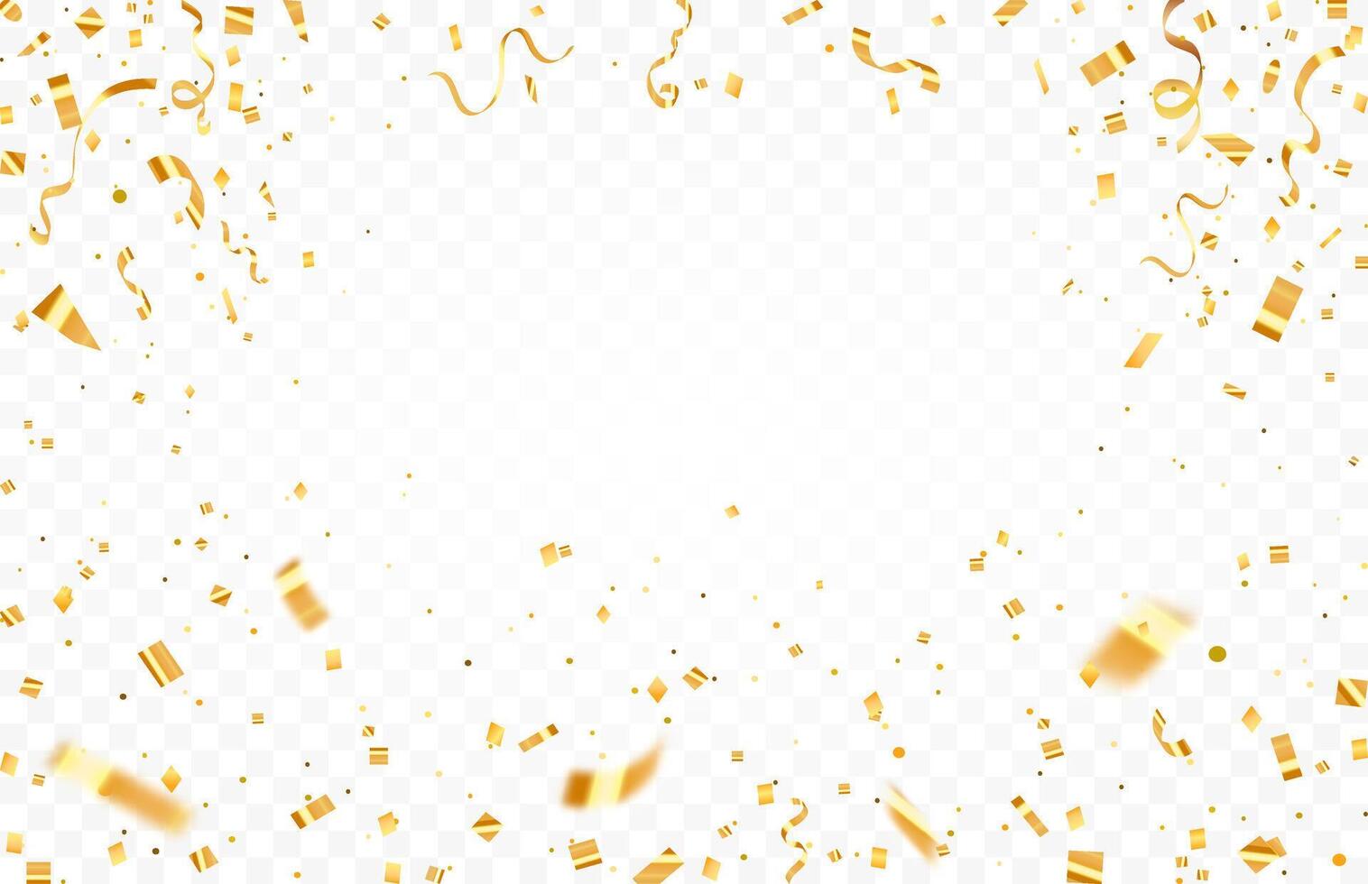 Celebration background template with confetti and gold ribbons. Shiny carnival decoration. Bright falling tinsel. Holiday poster concept. vector