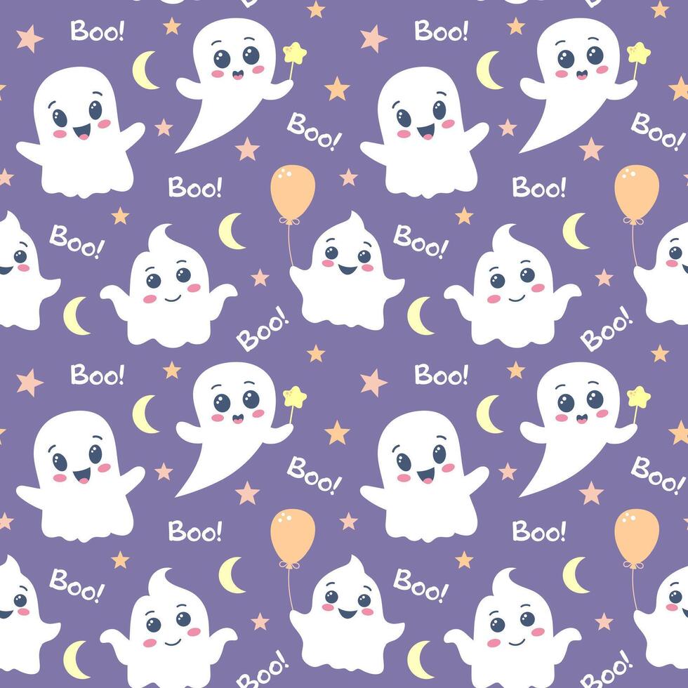 Cute ghosts seamless pattern. Halloween background. Spooky baby characters, stars, moon and boo text vector