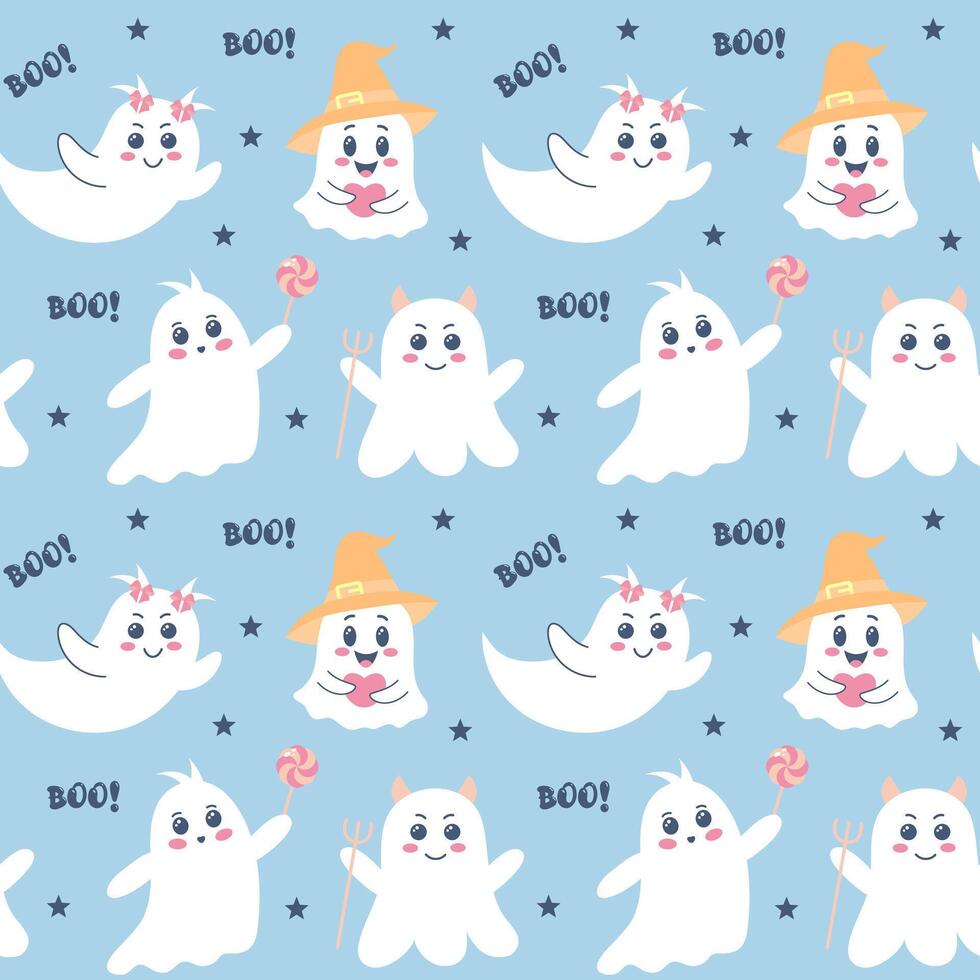 Cute ghosts seamless pattern. Halloween print. Spooky baby characters, stars and boo text on blue background vector