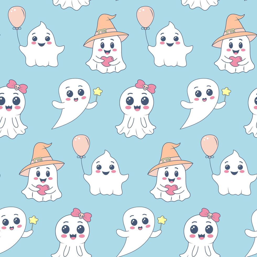 Cute kawaii ghosts seamless pattern. Halloween background. Spooky baby characters with different emotions on blue background vector