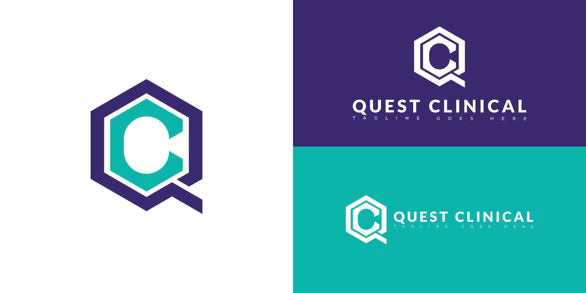 Modern initial hexagon letter QC or CQ logo in purple-blue color isolated on multiple background colors. The logo is suitable for medical exam service in the legal space logo design inspiration vector