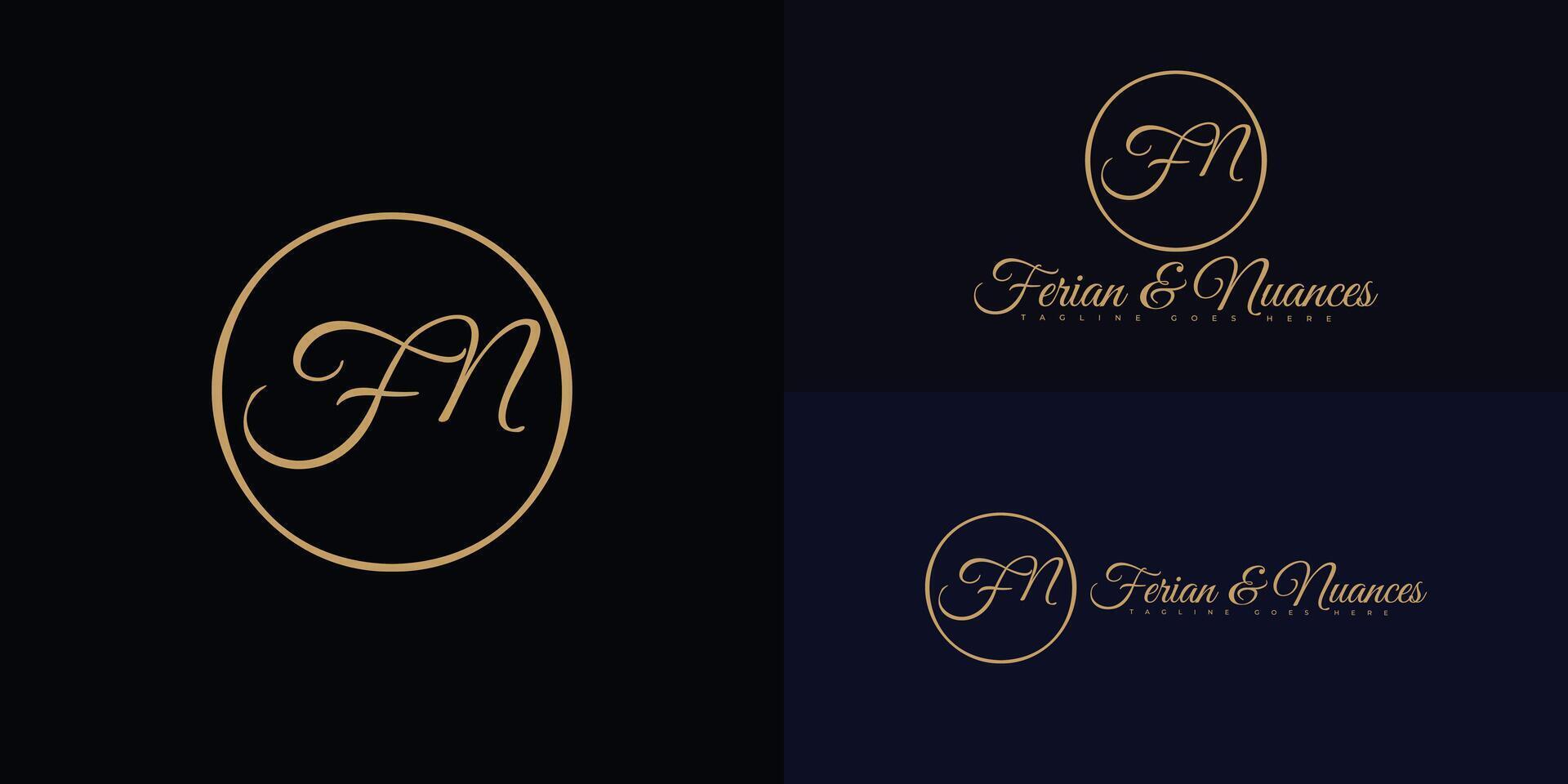 Modern initial circle letter FN or NF logo in gold color isolated on multiple background colors. The logo is suitable for wedding invitation logo design inspiration templates. vector