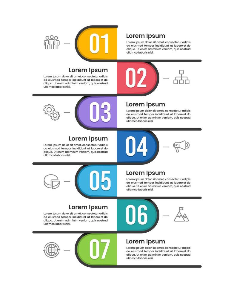 Vertical brochure infographic 7 business milestones. Business presentation, Banner, Timeline, Poster, Strategy and Marketing. vector