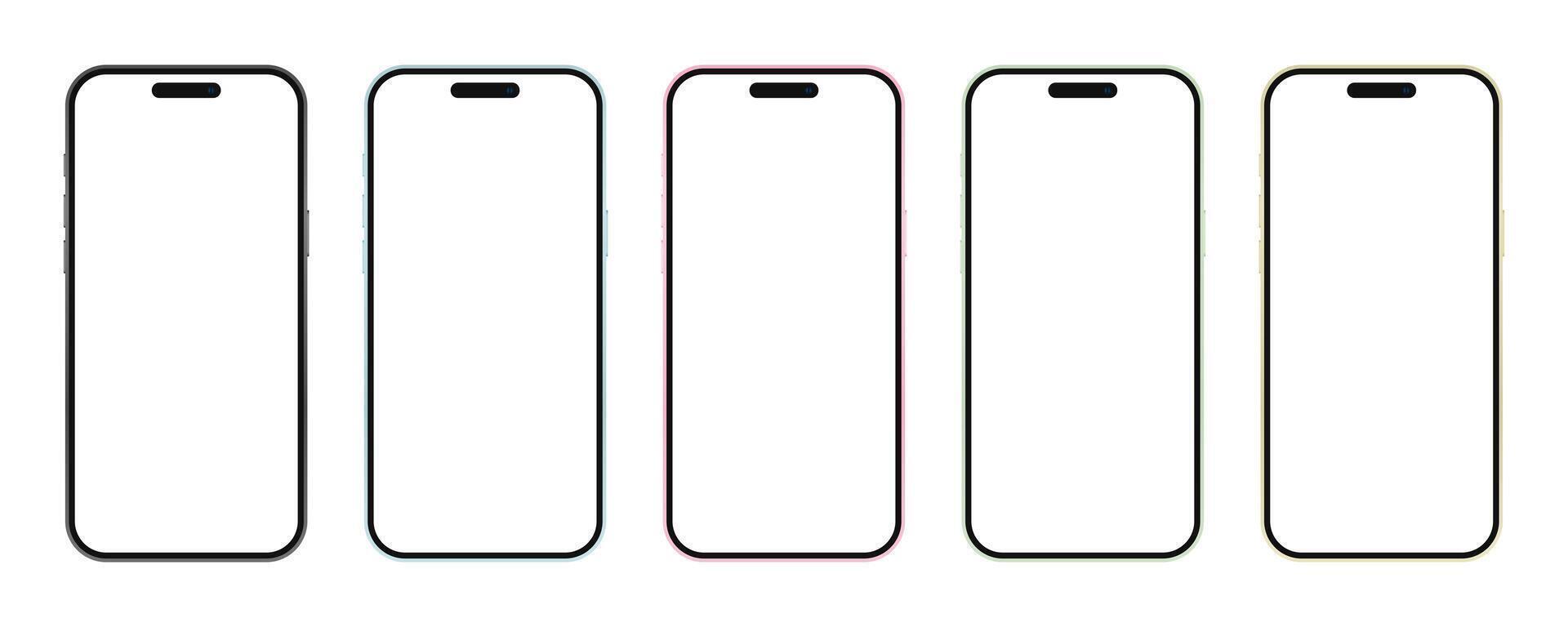 Realistic smartphone mockup. Trendy colorful mobile phone front view. Smartphone with blank white screen vector