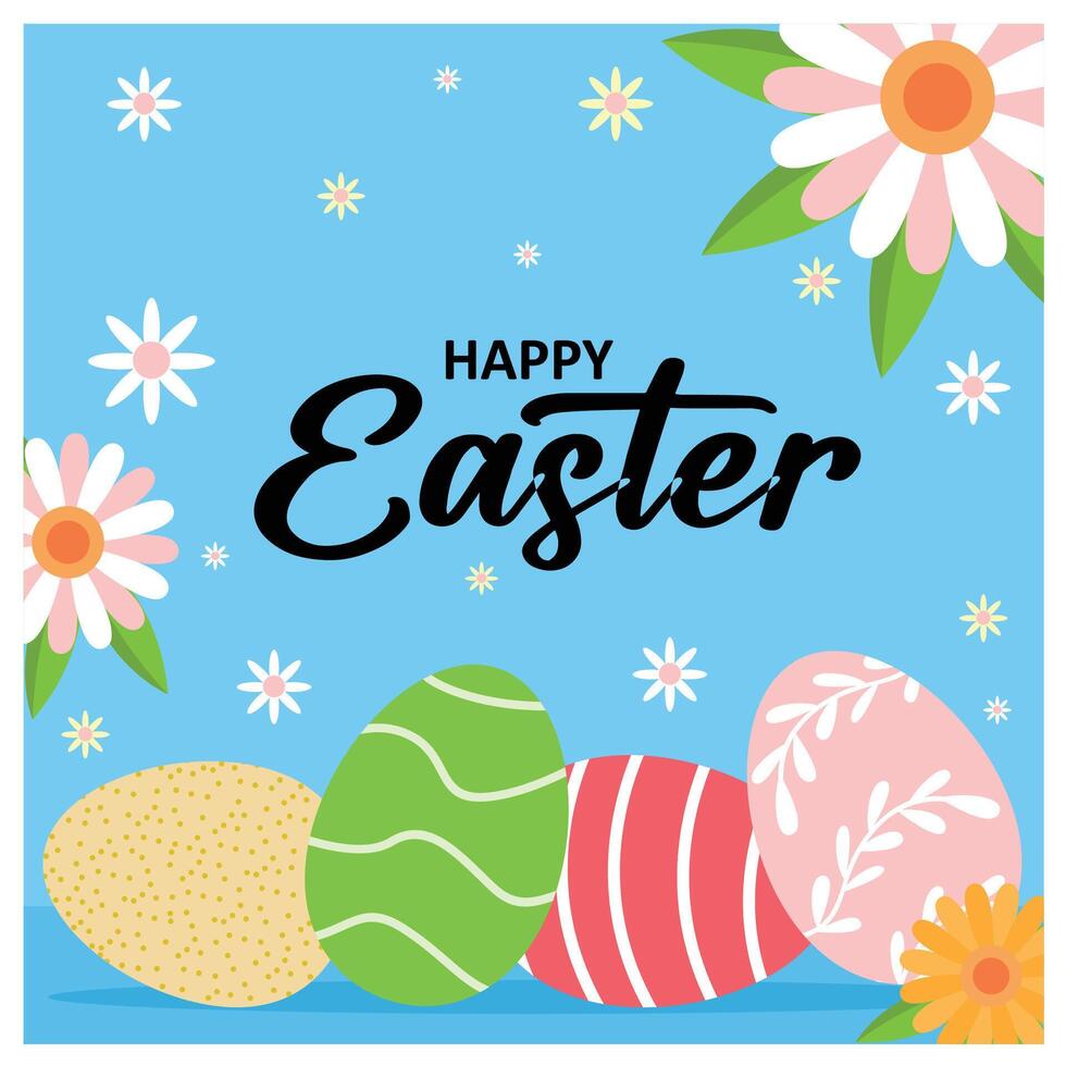 Happy Easter with eggs and blooming flowers. Religious celebration on spring background. Easter 2025 concept. Flat illustration. vector