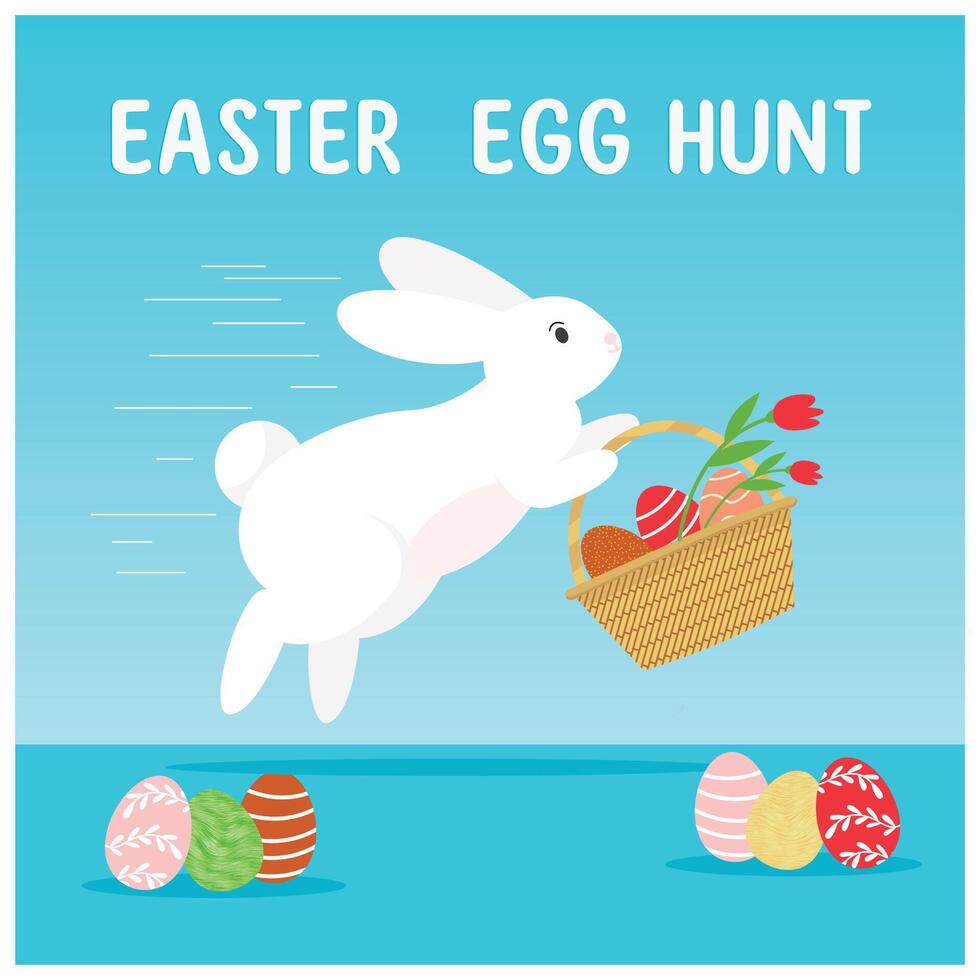 A fun Easter Egg hunt contest. Cute Bunny carrying Easter Eggs. Easter 2025 concept. Flat illustration. vector