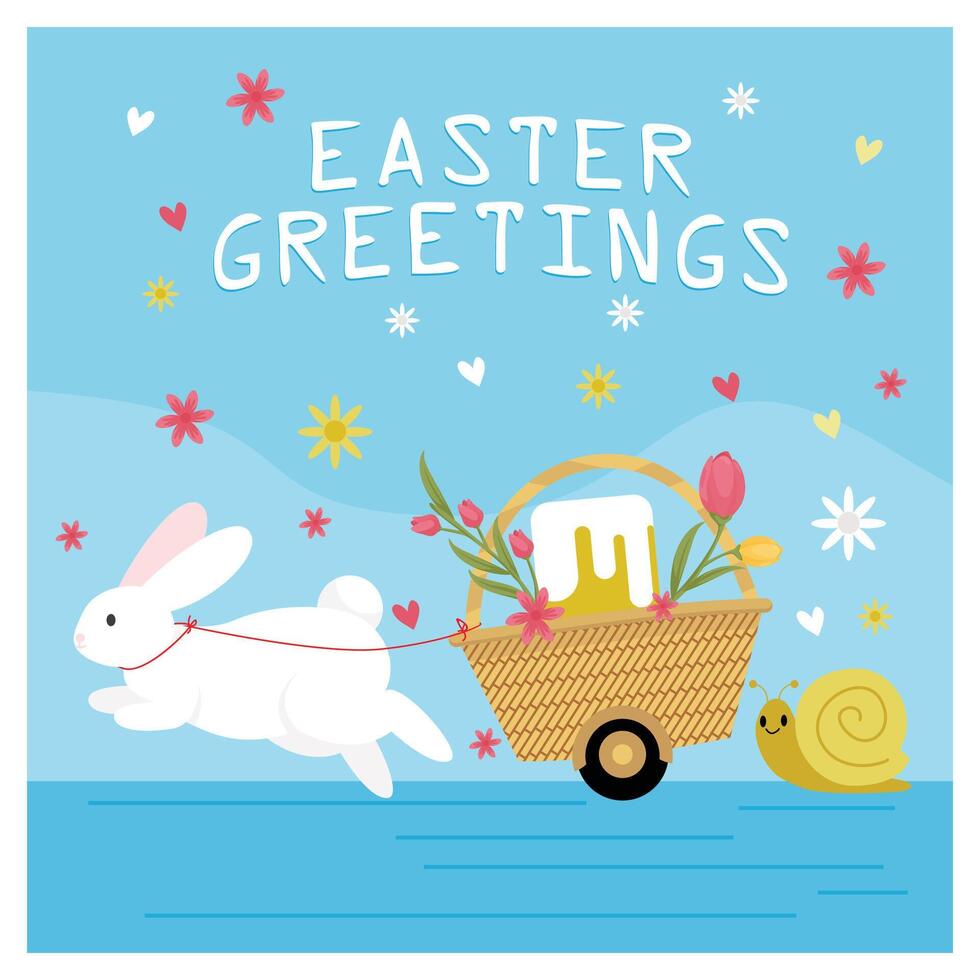 Easter Bunny with candy in a basket. Spring religious greeting card. Easter 2025 concept. Flat illustration. vector
