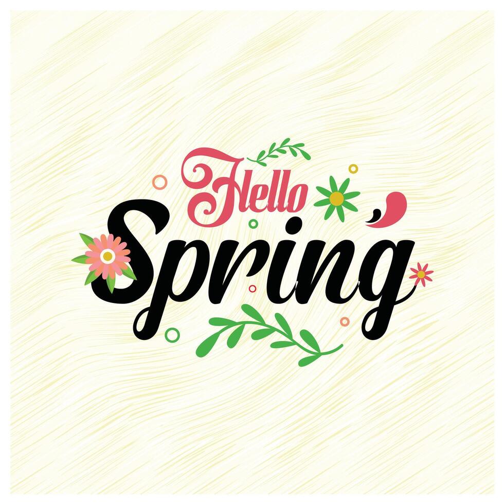 Hello Spring with floral decoration. Green leaves and flowers on a light background. Spring Flourishing concept. Flat illustration. vector