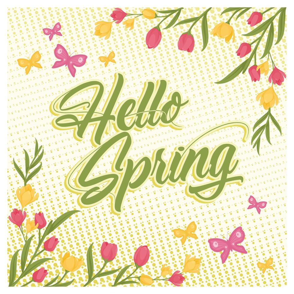 Spring with green leaves, flowers, and butterflies. Flowers blooming in spring. Spring Flourishing concept. Flat illustration. vector