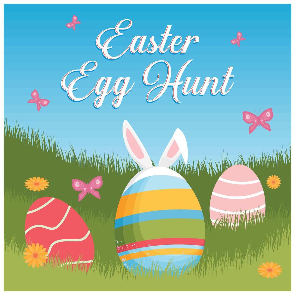Easter Egg Hunt with meadow background. Colorful eggs and cute bunnies. Easter 2025 concept. Flat illustration. vector