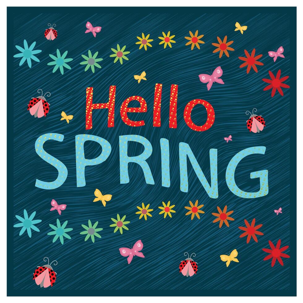 Hello Spring text with colorful floral decoration. Spring with flowers, bees, and ladybugs. Spring Flourishing concept. Flat illustration. vector