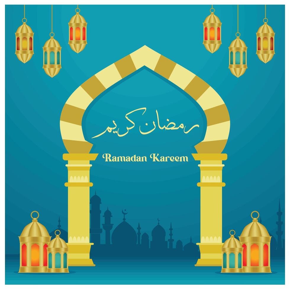 Mosque arch with Arabic calligraphy and lanterns. Mosque silhouette in blue color. Ramadan concept. Flat illustration. vector