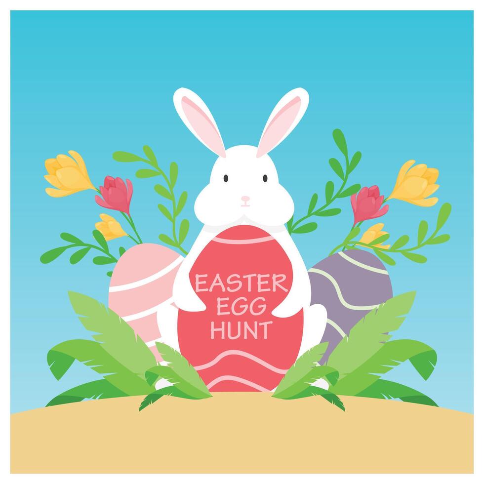 Easter Egg Hunt with cute bunnies and colored eggs. Religious celebration background. Easter 2025 concept. Flat illustration. vector