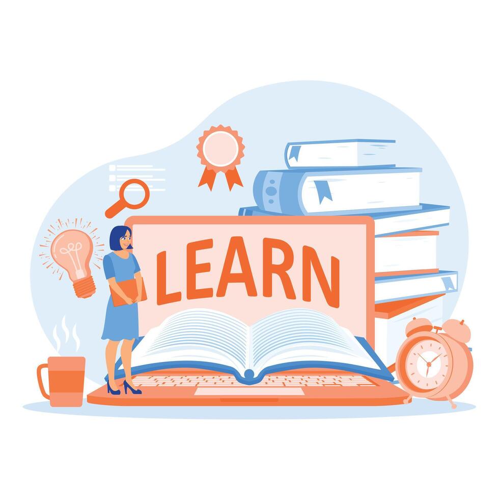 Young woman taking a distance course. Educational elements in the background. E-learning concept. Flat illustration. vector