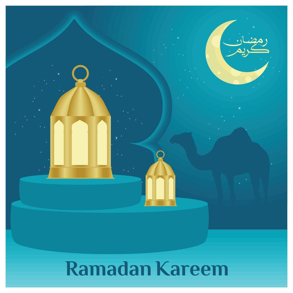 Lanterns are displayed on stage with light shining at night. Camel on blue background. Ramadan concept. Flat illustration. vector