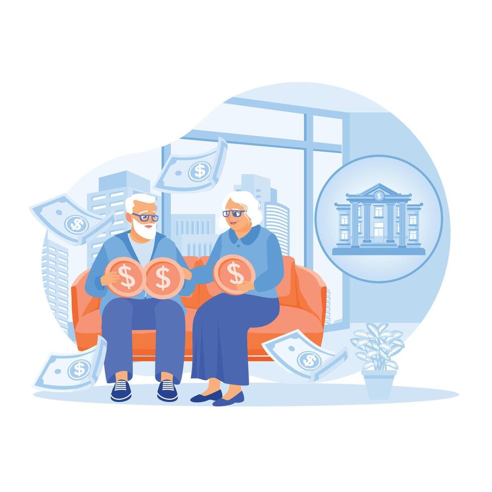 Pension schemes. Senior parents manage and save finances for the future. Maternity and paternity leave concept. Flat illustration. vector