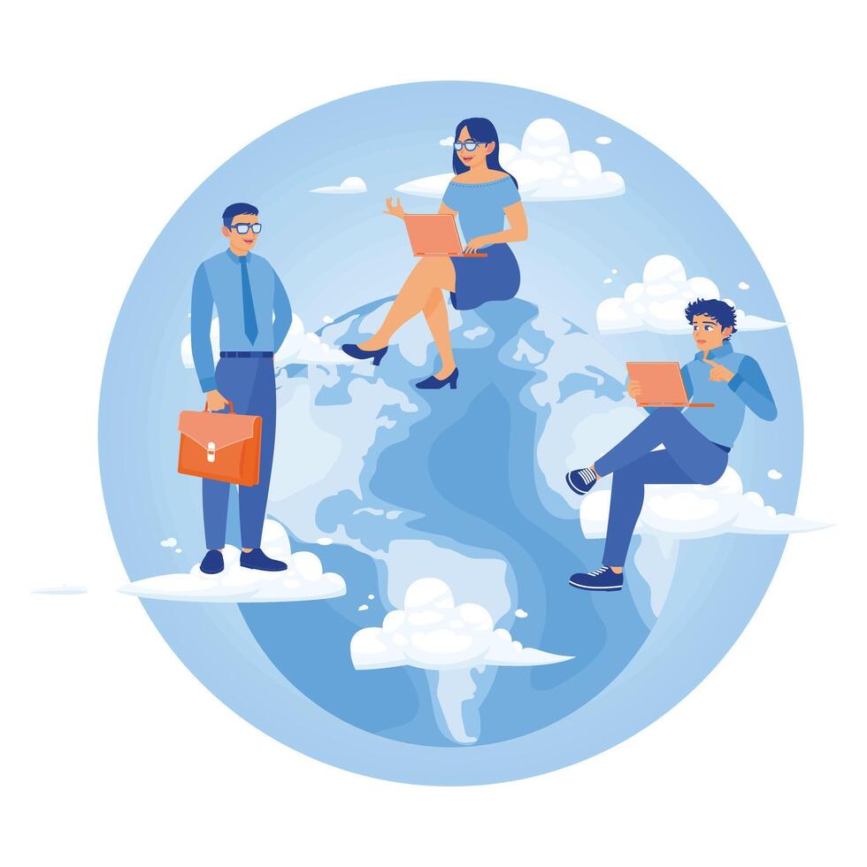People are around the globe with computers. Work from anywhere in the world. Remote Work Online concept. Flat illustration. vector