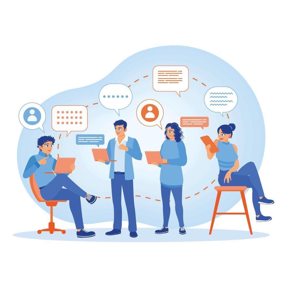 People with computers and speech bubbles. Man and woman working remotely using a laptop. Remote Work Online concept. Flat illustration. vector