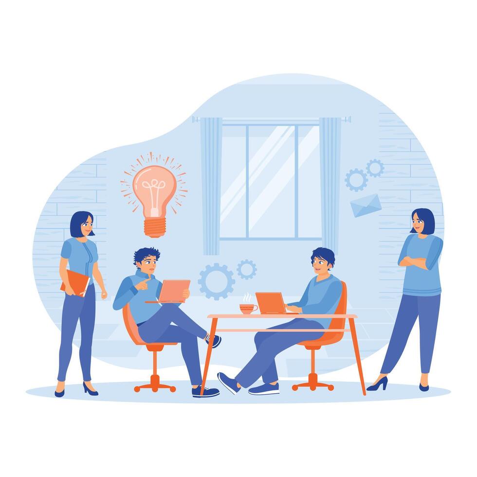 Company employees held a meeting. Business team planning tasks and sharing ideas. Team communication concept. Flat illustration. vector