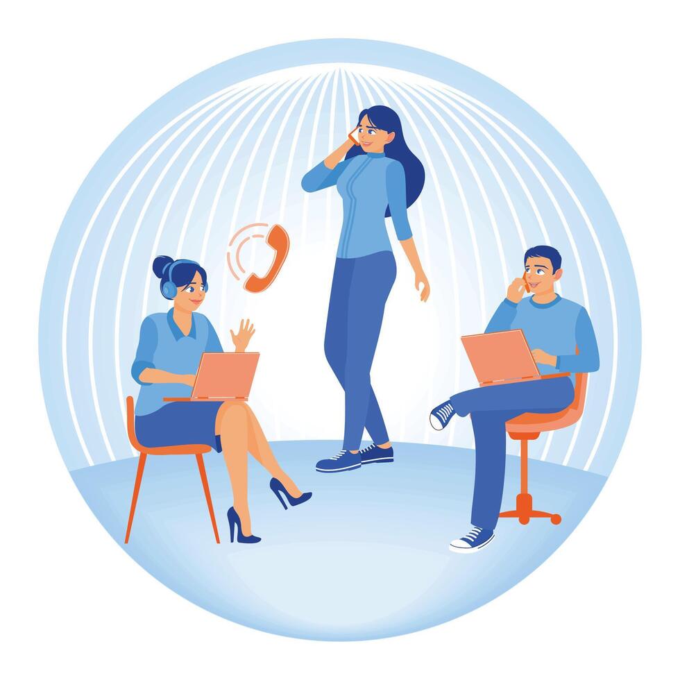 Virtual assistants talk to clients via phone and laptop. Customer support center. Business communication concept. Flat illustration. vector